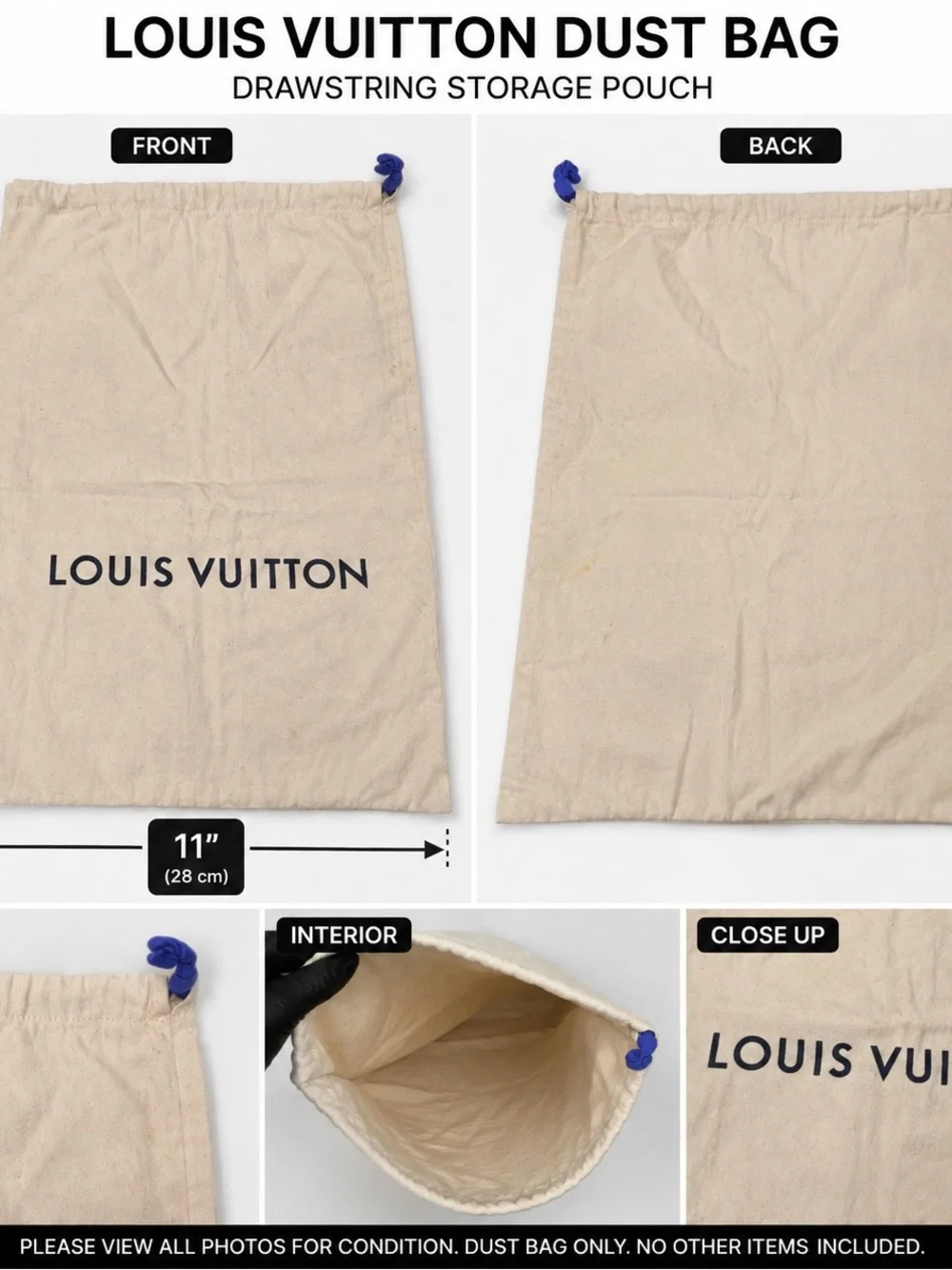 Louis Vuitton Large Drawstring Dust Bag Storage Pouch Beige 17” x 11”
